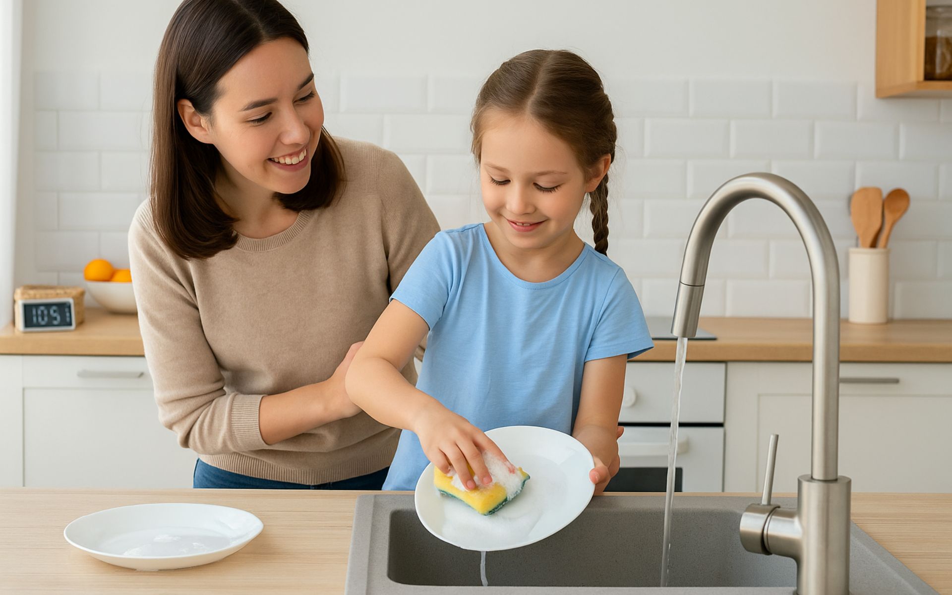Mère et fille en train de nettoyer la cuisine ensemble, illustrant l’apprentissage des tâches ménagères dès le plus jeune âge.