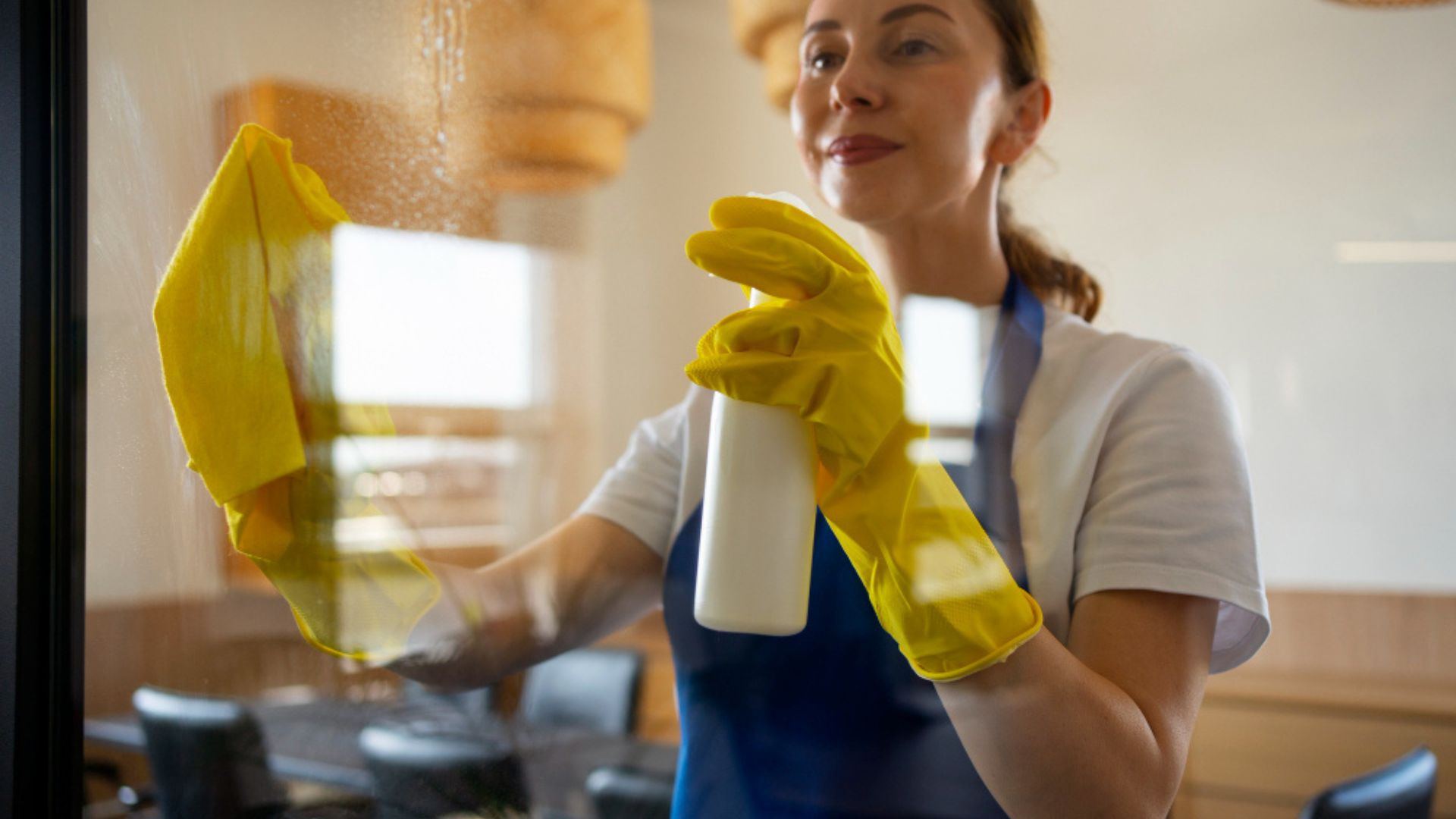Femme de ménage nettoyant une vitre avec un chiffon et un spray, portant des gants jaunes, illustrant les bonnes pratiques d’entretien à domicile