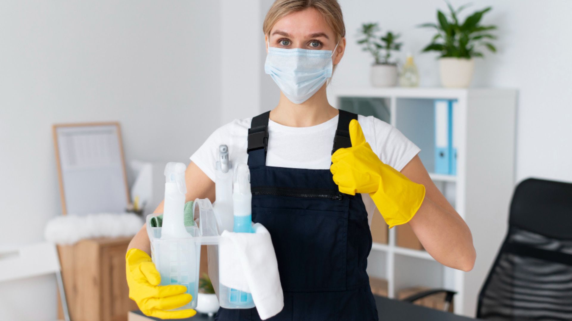 Professionnelle du ménage portant un masque et des gants, tenant un panier de produits d’entretien, illustrant un service de nettoyage à domicile